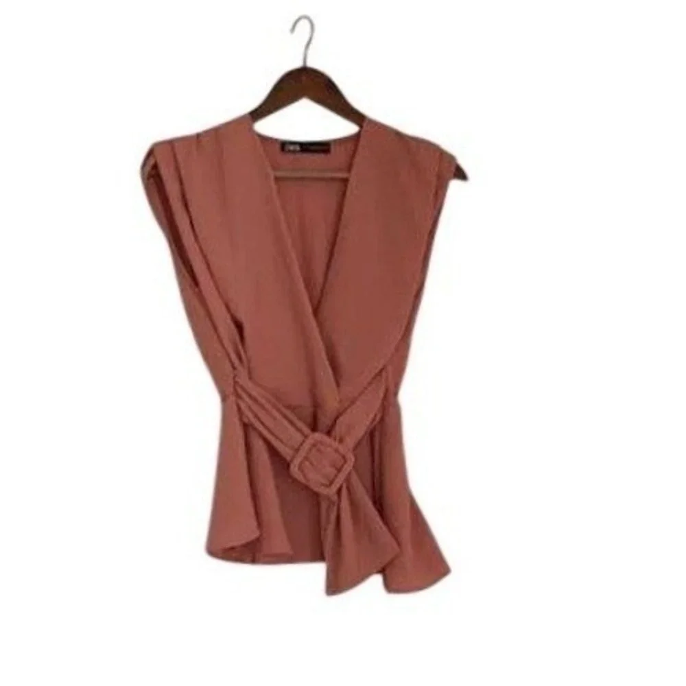 Zara Dusty Rose Pink Peplum Wrap Top‎ Belted V-Neck Sleeveless Fits S Small 2 4